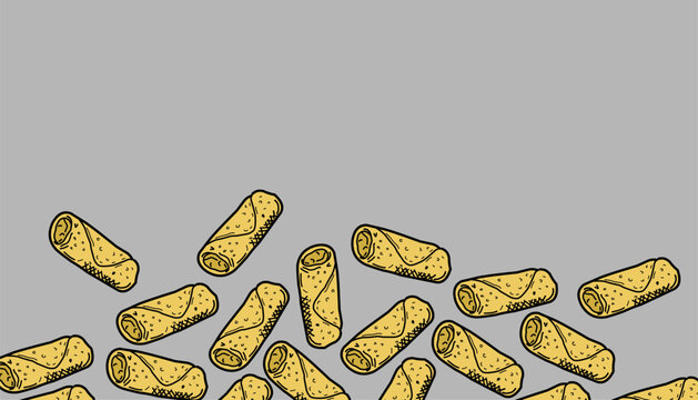Spring Roll background Pattern. Asian Lumpia Repeating Motif. Hand Drawn Outline Illustration. Monochrome And Color Variations. Street Food Textile Packaging Design.
