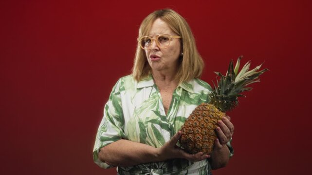 Middle aged woman holds a ripe pineapple in a studio with red backdrop and leaf print shirt; curiosity nostalgia.