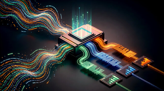 Isometric 3D scene illustrating a Natural Language Processing...