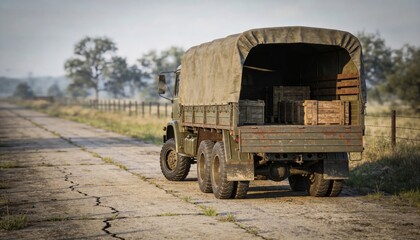 Military truck with flat tire parked on empty training road at dawn with rugged wheel detail close