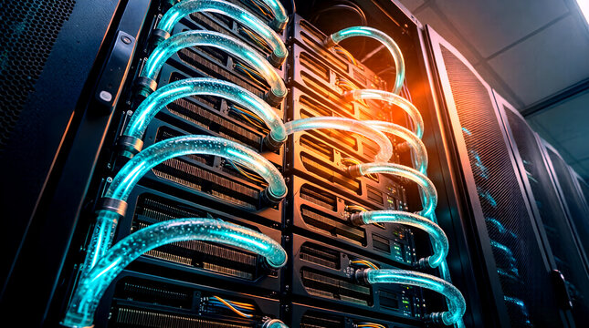 Dramatic - low-angle shot of a high-density server rack filled...