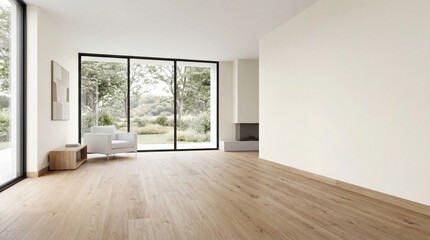 Fototapeta premium Modern minimal living room featuring wood floor with a large window elegant contemporary white room ,Color of the Year 2026 – Cloud Dancer ,copy space ,empty room.3Drender