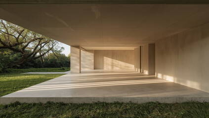 Obraz premium Minimalist open pavilion with warm sunlight casting long shadows across smooth concrete floor