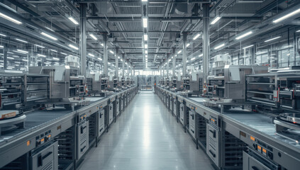 Obraz premium Modern manufacturing line with robotic assembly and cool lighting, efficient industrial interior