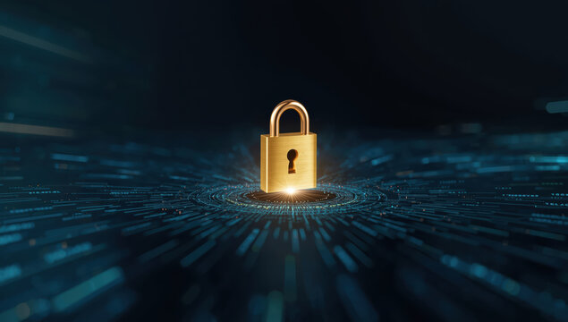 Gold padlock on digital circuit protecting data and secure network access