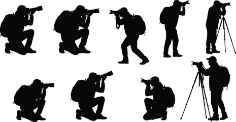 Photographer silhouettes set, professional camera operators shooting photos, photography poses collection, black photographer silhouettes isolated for media design © Mst