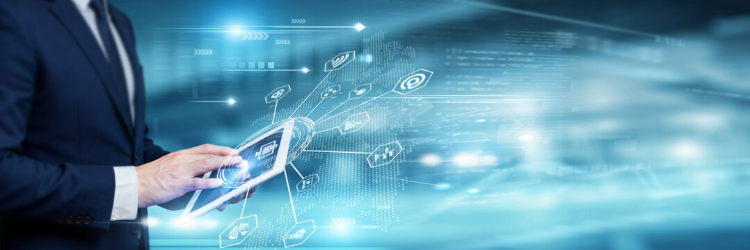 Businessman analysing e-learning data and global education network on tablet device, online training, digital learning platform, virtual classroom, educational technology.