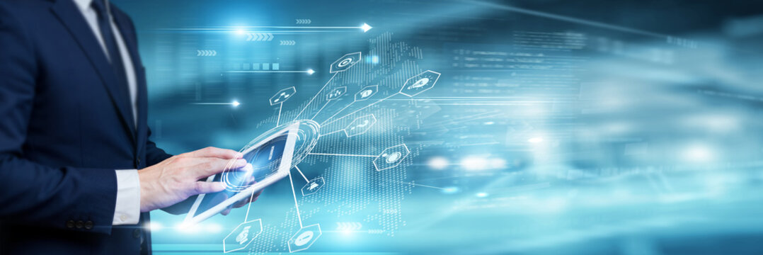 Businessman analysing business introduction data and global network on tablet device, corporate overview, company profile, strategic briefing, professional presentation.