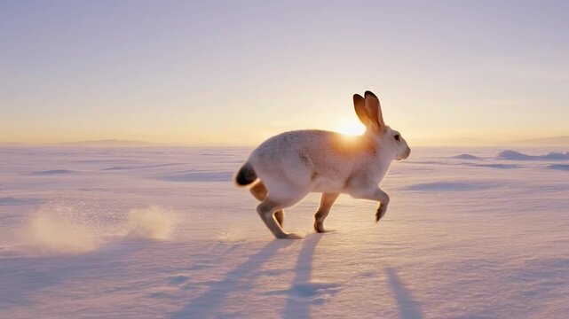 White Arctic Hare Foraging in the Snow at Sunset.