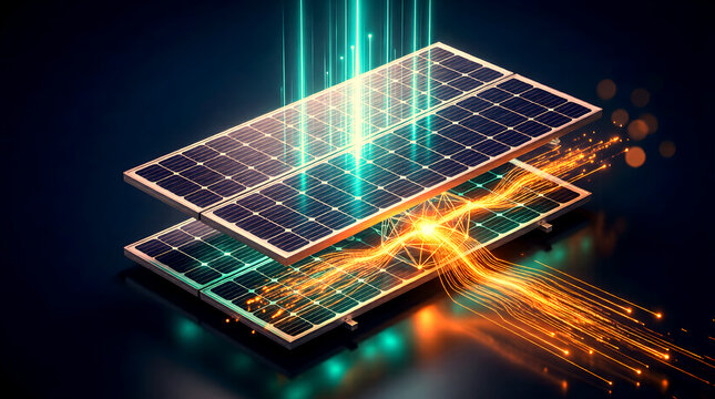 Cross-section of a bifacial solar panel on a dark navy background