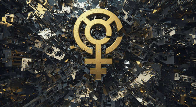 Female Symbol Against Abstract Metal Background Creates a Futuristic Graphic Element