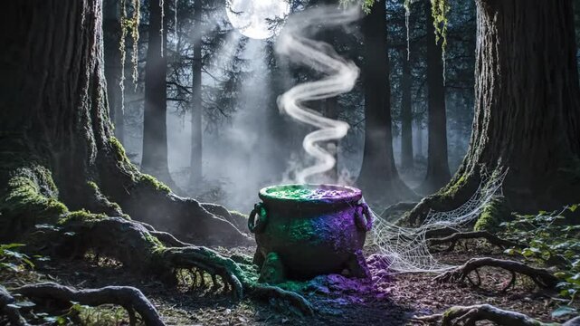 Solitary stone cauldron bubbling with ethereal rainbow steam in misty forest