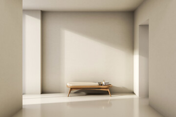 Fototapeta premium Wooden spa chair on shiny tiles floor in corridor of a white wall room with sunlight through doorway