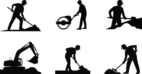 Construction worker silhouettes digging and operating excavator, shovel and rake tools, heavy equipment earthmoving and roadwork vector illustration collection © SreeRupali