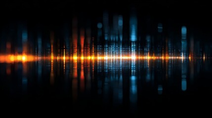 A vibrant digital sound wave with orange and blue lights against a dark background