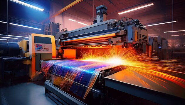 a machine in a factory that is carrying out the printing process and produces sparks generative ai