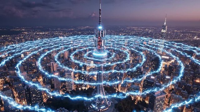 A futuristic communication tower emits blue energy waves across a sprawling