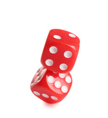Red game dices isolated on white background, closeup