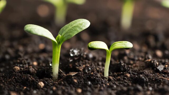 Emergence of Life: Witness the genesis of new life as delicate seedlings push through the dark earth, their vibrant green leaves reaching towards the sunlight, a testament to resilience and growth.