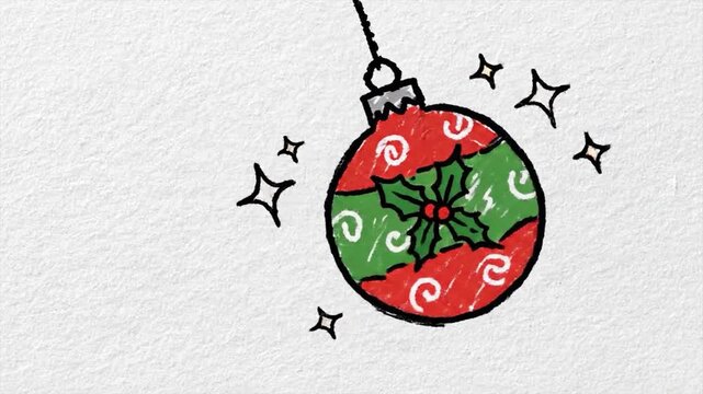 A festive hand-drawn Christmas ornament with holly and swirl patterns.