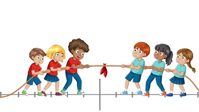 Cartoon Children Competing in a Tug of War Game on White Background