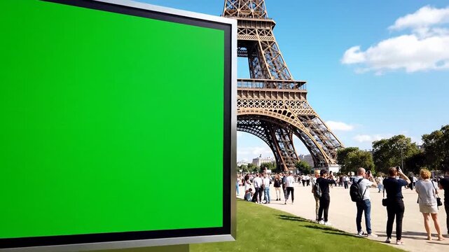 Green screen billboard near Eiffel Tower in Paris, travel advertising mockup for tourism campaigns, sunny summer day with visitors and city landmark mood
