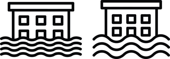 Fototapeta premium Flooded building icons with rising water levels and damage severe weather effects