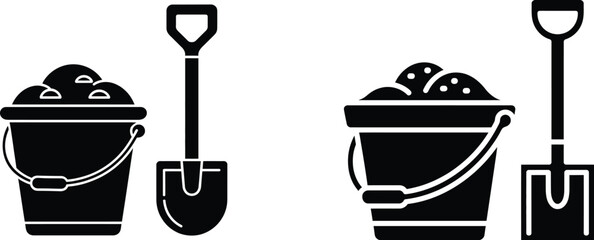 Black silhouettes of buckets and shovels for gardening or construction work tools © Azizul