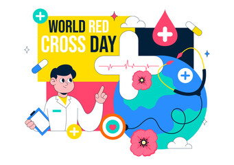 Fototapeta premium World Red Cross Day Healthcare Support With Medical Symbols Heartbeat Stethoscope And Syringe Vector Illustration For Global Awareness Campaign