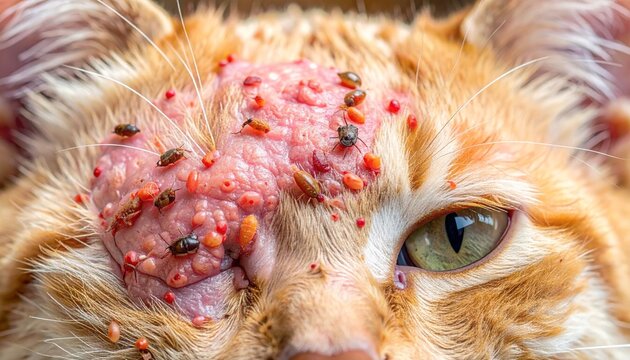 Close-up of an orange cats head with a severe flea infestation and skin irritation.
