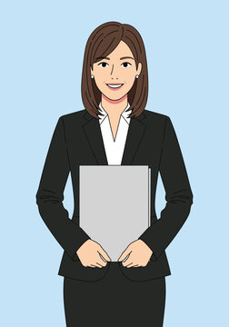 Confidently smiling businesswoman illustration in a suit holding a document