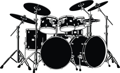 Professional Double Bass Drum Kit Illustration Detailed Musical Instrument Silhouette Vector Graphic for Rock Band Posters Jazz Music Design Elements Percussion Set Backdrop