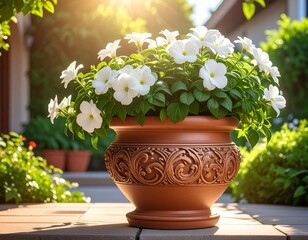 A sunlit terracotta pot overflows with vibrant white flowers and green leaves, outside a home