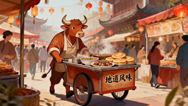 Cartoon ox selling street food at market