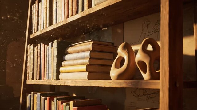 Sunlit corner in a cozy eclectic reading nook with a tall wooden bookshelf