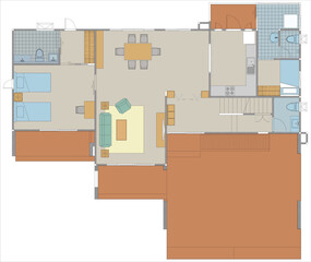 Colored Floor Plan of Residential House with Living Area, Kitchen and Garage Layout