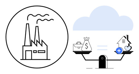 Fototapeta premium Economic balance concept. Economic balance with a factory, wealth, housing, and health symbols. Economic balance highlights sustainability and growth. For business, finance, sustainability economy