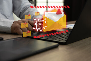 AI email security and phishing detection concept an working artificial intelligence chip alert mail...