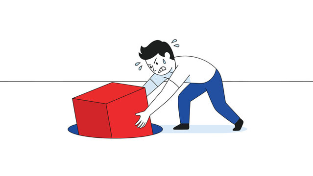 Man struggling to push a red cube into a small hole, illustrating a difficult problem or incompatibility.