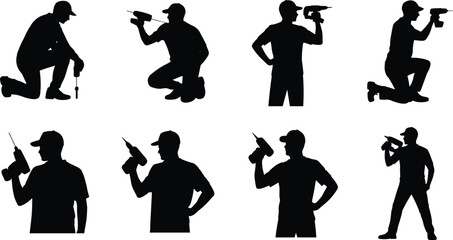 Obraz premium Set of construction worker silhouettes using electric drill, handyman collection in different poses, repair and installation concept vector illustration isolated on white background