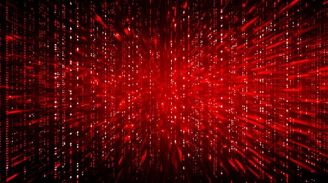 A vibrant red digital background with streaks of light and code