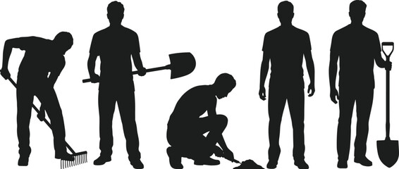Silhouette of gardeners working with shovel and rake, landscaping team digging soil, yard maintenance workers isolated vector illustration on white background © SreePobitra