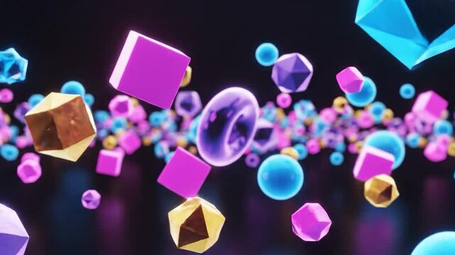 Vibrant abstract geometric shapes float and scatter in a dark space