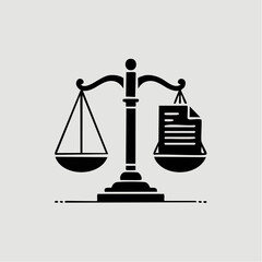 Black and white illustration of a scale with documents on one side.
