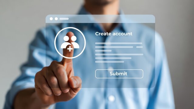 Man's finger touching digital screen with create account form and submit button