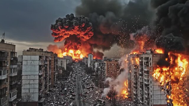 Post-Apocalyptic Disaster Footage &ndash; Burning Downtown, Ruins, Heavy Smoke Plumes