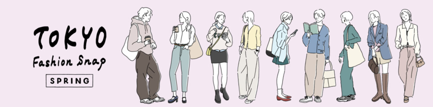 Minimal spring fashion illustration set of urban men and women outfits