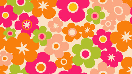 Vibrant Retro Floral Pattern with Brightly Colored Flowers.