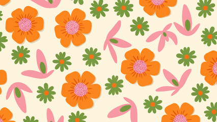 Vibrant Floral Pattern with Orange and Pink Blooms. © Muhyazid