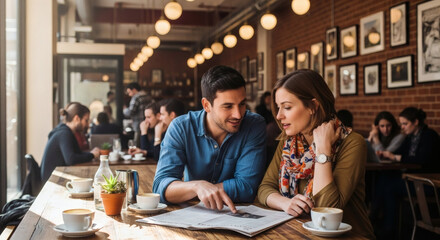 Couple on Date in Cozy Cafe, Looking at Menu, Enjoying Coffee and Each Other's Company